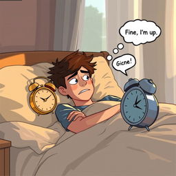 A cozy bedroom scene depicting a person waking up to a blaring alarm clock