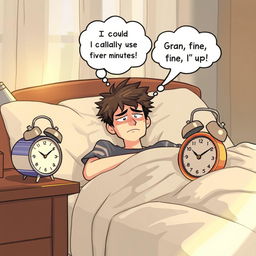 A cozy bedroom scene depicting a person waking up to a blaring alarm clock