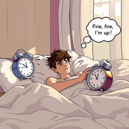 A cozy bedroom scene depicting a person waking up to a blaring alarm clock