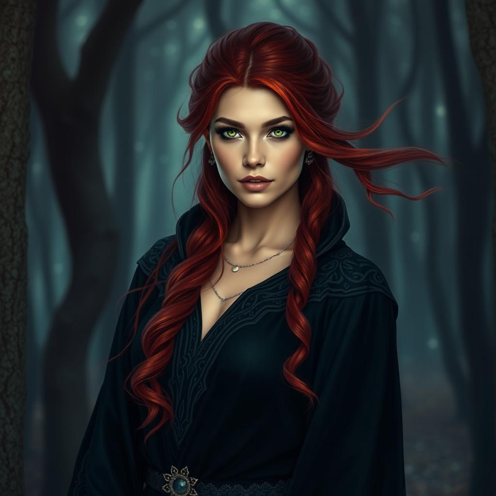 A striking Shadar-kai woman with stunning reddish hair flowing elegantly around her shoulders, deep green eyes that gleam with mystery and allure, dressed in dark, intricately designed robes that highlight her otherworldly beauty