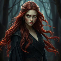 A striking Shadar-kai woman with stunning reddish hair flowing elegantly around her shoulders, deep green eyes that gleam with mystery and allure, dressed in dark, intricately designed robes that highlight her otherworldly beauty