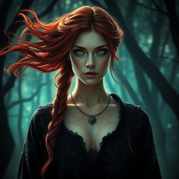 A striking Shadar-kai woman with stunning reddish hair flowing elegantly around her shoulders, deep green eyes that gleam with mystery and allure, dressed in dark, intricately designed robes that highlight her otherworldly beauty