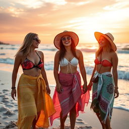 A serene beach setting at sunset, featuring a group of stylish young women basking in the golden light
