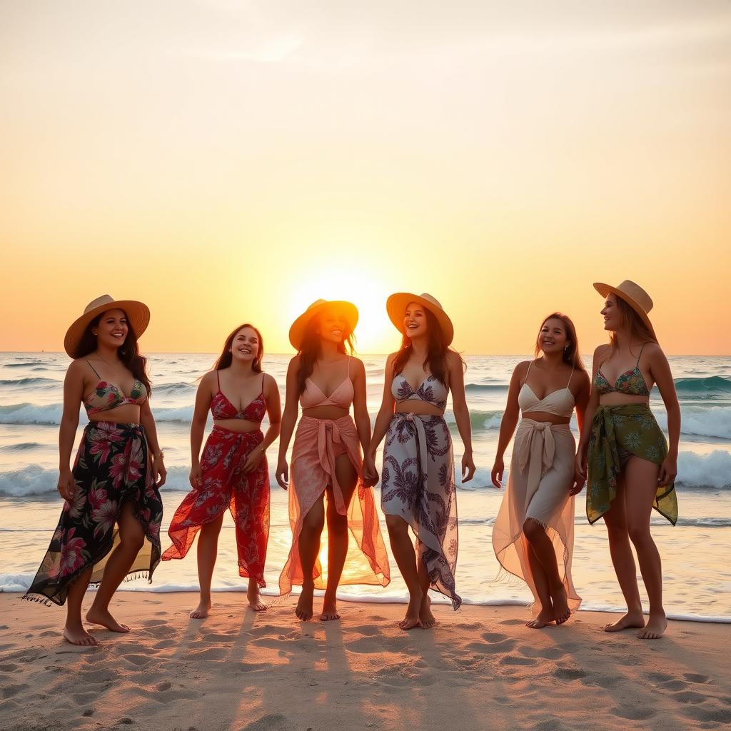 A serene beach setting at sunset, featuring a group of stylish young women basking in the golden light