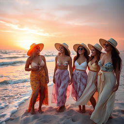 A serene beach setting at sunset, featuring a group of stylish young women basking in the golden light