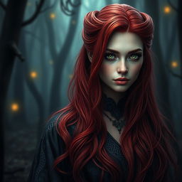 A mesmerizing Shadar-kai woman with vibrant reddish hair cascading down her back, her striking green eyes filled with an enigmatic charm