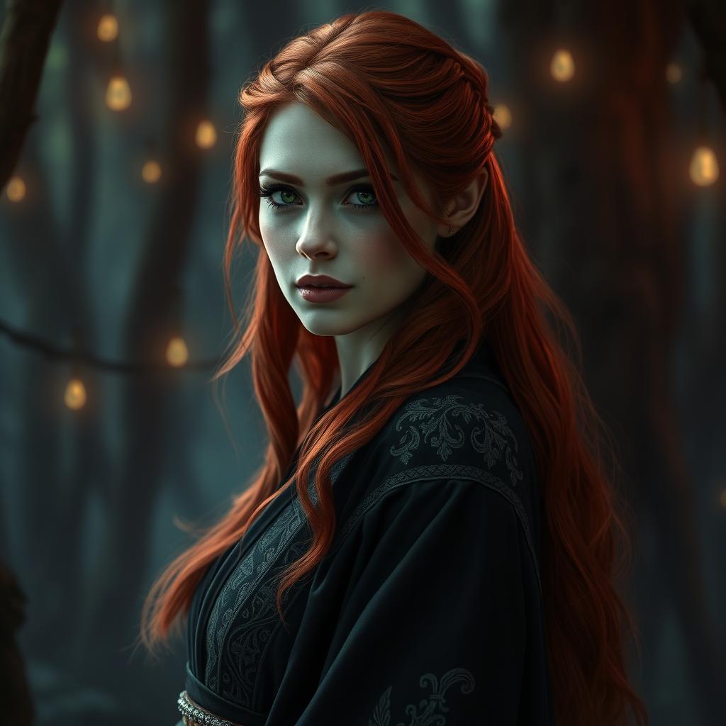 A mesmerizing Shadar-kai woman with vibrant reddish hair cascading down her back, her striking green eyes filled with an enigmatic charm