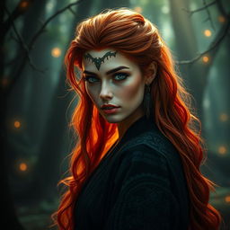 A mesmerizing Shadar-kai woman with vibrant reddish hair cascading down her back, her striking green eyes filled with an enigmatic charm