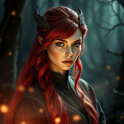 A mesmerizing Shadar-kai woman with vibrant reddish hair cascading down her back, her striking green eyes filled with an enigmatic charm