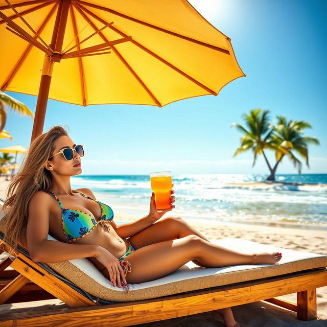A vibrant beach scene featuring a stylish woman in a colorful bikini, lounging on a sunbed under a large sun umbrella