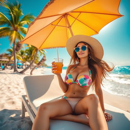 A vibrant beach scene featuring a stylish woman in a colorful bikini, lounging on a sunbed under a large sun umbrella