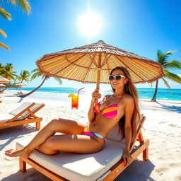 A vibrant beach scene featuring a stylish woman in a colorful bikini, lounging on a sunbed under a large sun umbrella