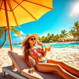 A vibrant beach scene featuring a stylish woman in a colorful bikini, lounging on a sunbed under a large sun umbrella