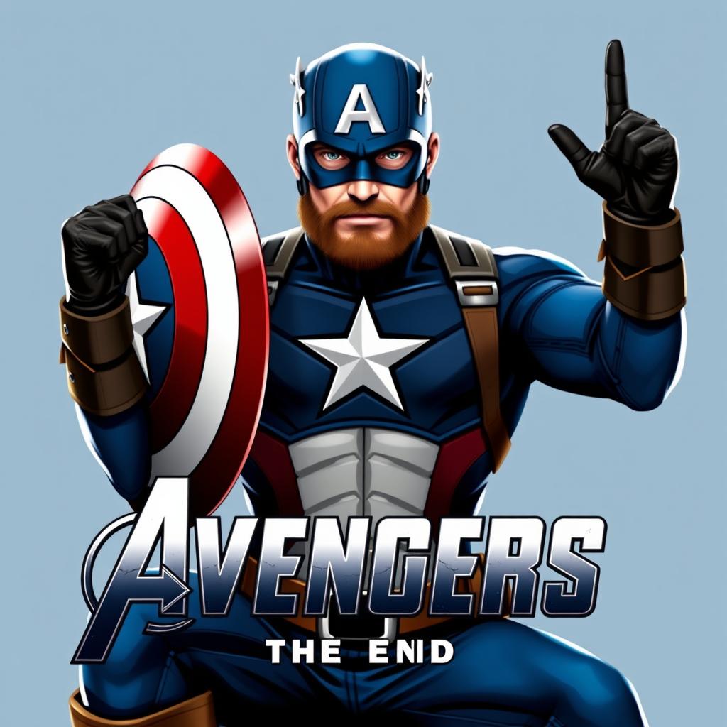 A powerful and heroic portrayal of Captain America, wearing his iconic blue mask emblazoned with the 'A' symbol and a strong, bearded face