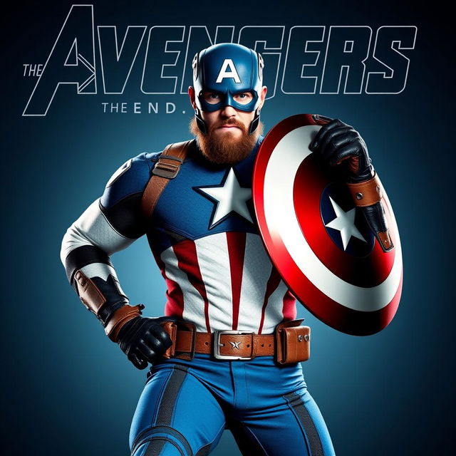 A powerful and heroic portrayal of Captain America, wearing his iconic blue mask emblazoned with the 'A' symbol and a strong, bearded face