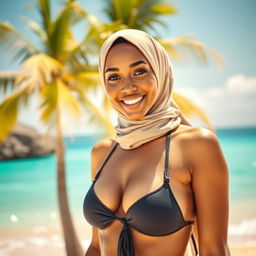 A striking and confident woman wearing a hijab and a bikini, standing on a sunny beach with golden sand and clear turquoise water in the background
