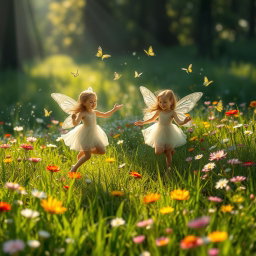 A fantasy scene in a sunlit meadow with vibrant wildflowers and lush green grass, where ethereal figures, appearing as youthful forest sprites, playfully dance around