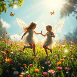 A fantasy scene in a sunlit meadow with vibrant wildflowers and lush green grass, where ethereal figures, appearing as youthful forest sprites, playfully dance around