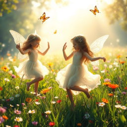 A fantasy scene in a sunlit meadow with vibrant wildflowers and lush green grass, where ethereal figures, appearing as youthful forest sprites, playfully dance around