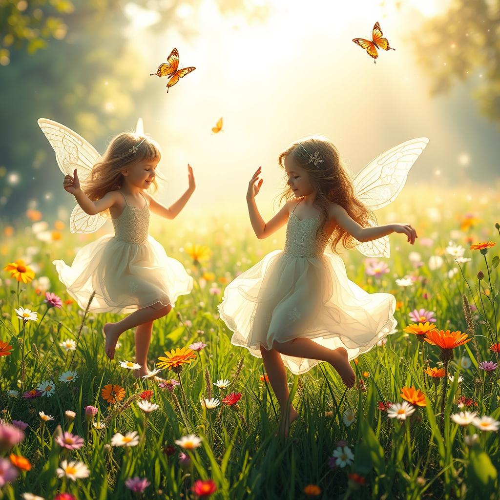 A fantasy scene in a sunlit meadow with vibrant wildflowers and lush green grass, where ethereal figures, appearing as youthful forest sprites, playfully dance around