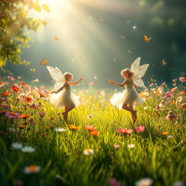 A fantasy scene in a sunlit meadow with vibrant wildflowers and lush green grass, where ethereal figures, appearing as youthful forest sprites, playfully dance around