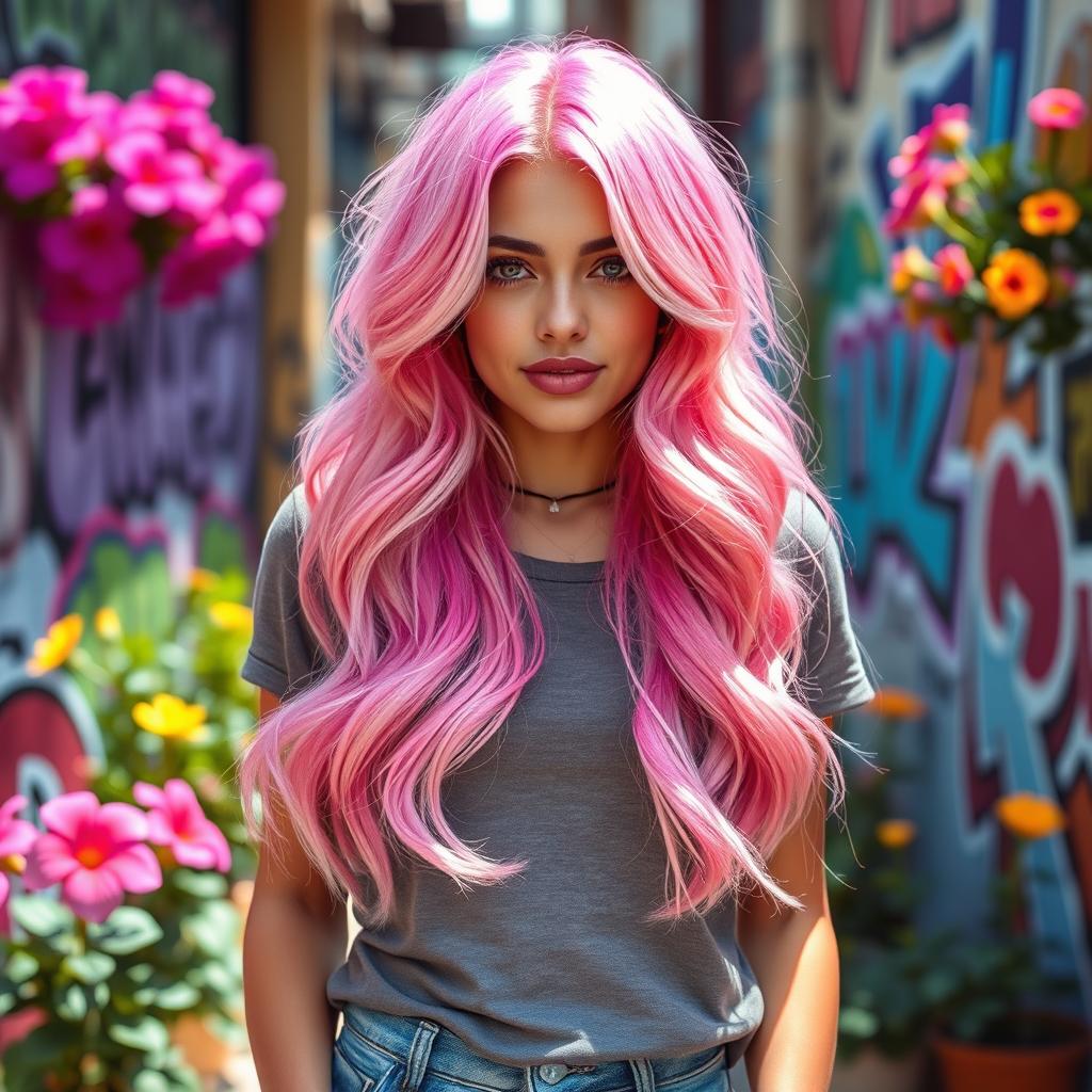 A person with vibrant pink hair styled in a trendy way, standing in a bright and colorful urban setting