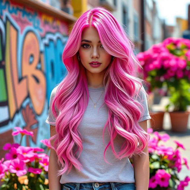A person with vibrant pink hair styled in a trendy way, standing in a bright and colorful urban setting