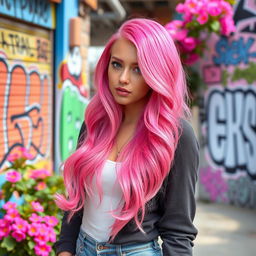 A person with vibrant pink hair styled in a trendy way, standing in a bright and colorful urban setting