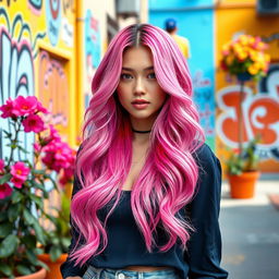 A person with vibrant pink hair styled in a trendy way, standing in a bright and colorful urban setting