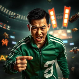 A dynamic and thrilling scene featuring Kim Shin as a character inspired by 'Squid Game', set in a dark, dystopian environment