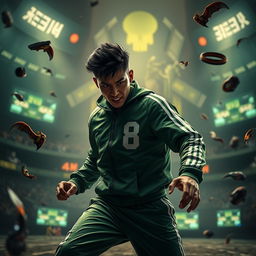 A dynamic and thrilling scene featuring Kim Shin as a character inspired by 'Squid Game', set in a dark, dystopian environment