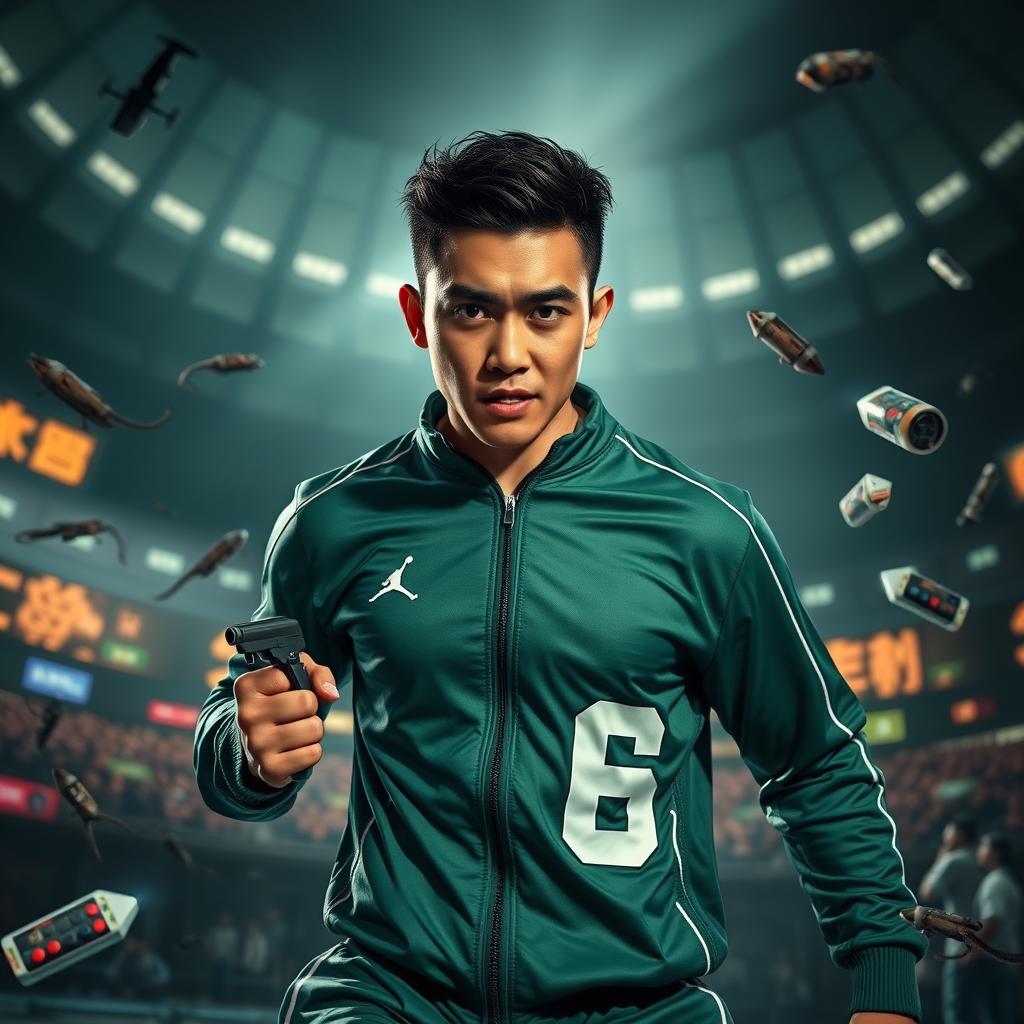 A dynamic and thrilling scene featuring Kim Shin as a character inspired by 'Squid Game', set in a dark, dystopian environment