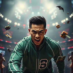 A dynamic and thrilling scene featuring Kim Shin as a character inspired by 'Squid Game', set in a dark, dystopian environment