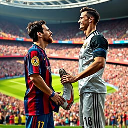 A creative and respectful depiction of Lionel Messi kissing Cristiano Ronaldo's foot, symbolizing admiration and sportsmanship