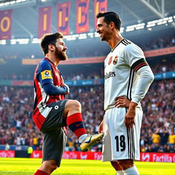 A creative and respectful depiction of Lionel Messi kissing Cristiano Ronaldo's foot, symbolizing admiration and sportsmanship