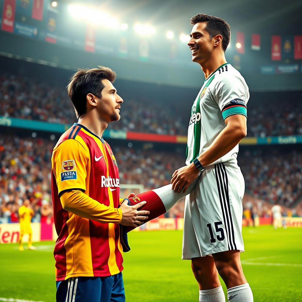 A creative and respectful depiction of Lionel Messi kissing Cristiano Ronaldo's foot, symbolizing admiration and sportsmanship