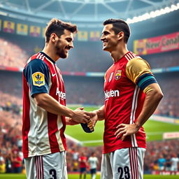 A creative and respectful depiction of Lionel Messi kissing Cristiano Ronaldo's foot, symbolizing admiration and sportsmanship
