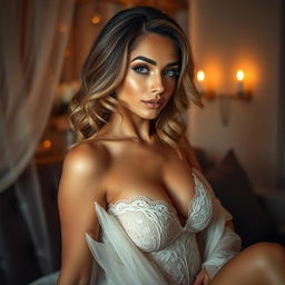 A stunning and glamorous transgender woman, posing confidently in an intimate setting, exuding allure and beauty