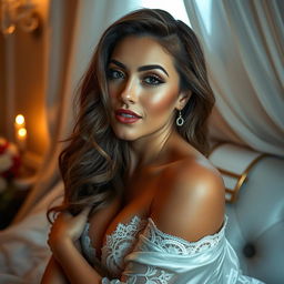 A stunning and glamorous transgender woman, posing confidently in an intimate setting, exuding allure and beauty