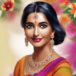 A high-quality digital art of a traditional Indian woman, elegantly dressed in a vibrant sari, her hair adorned with flowers