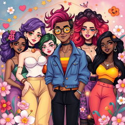 A vibrant and artistic illustration featuring a group of confident and unique individuals who possess a mix of traditionally feminine and masculine attributes