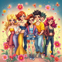 A vibrant and artistic illustration featuring a group of confident and unique individuals who possess a mix of traditionally feminine and masculine attributes