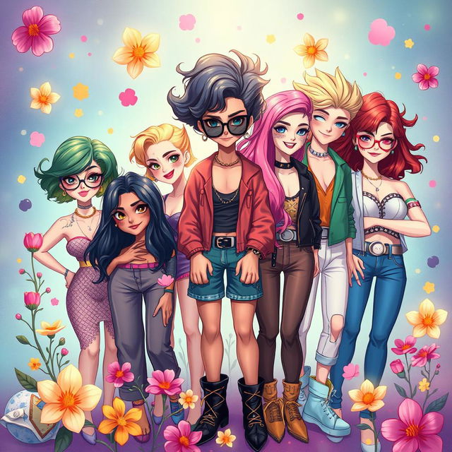 A vibrant and artistic illustration featuring a group of confident and unique individuals who possess a mix of traditionally feminine and masculine attributes