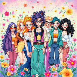 A vibrant and artistic illustration featuring a group of confident and unique individuals who possess a mix of traditionally feminine and masculine attributes