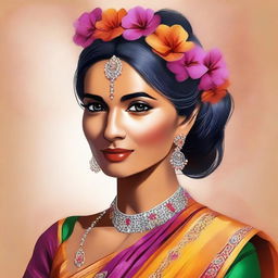 A high-quality digital art of a traditional Indian woman, elegantly dressed in a vibrant sari, her hair adorned with flowers