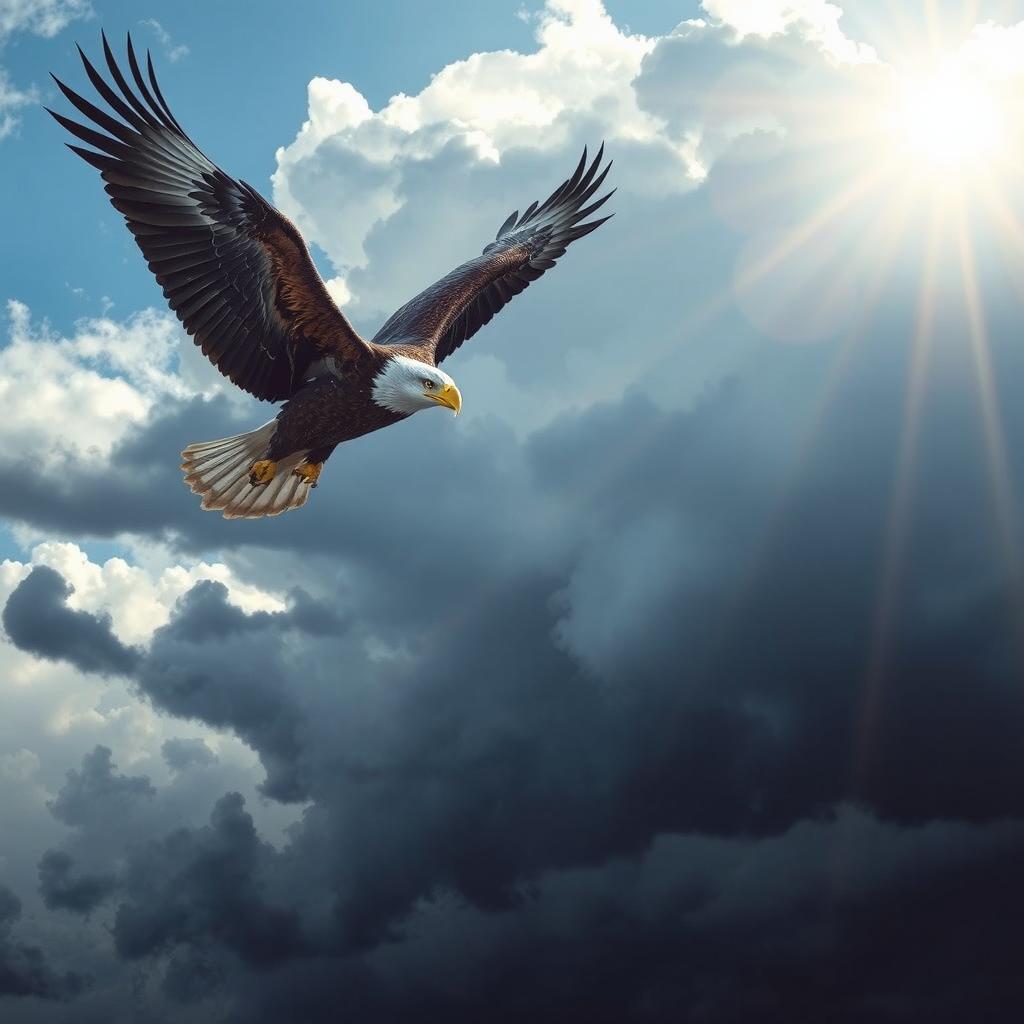 A powerful and uplifting scene depicting an eagle soaring majestically above a stormy landscape, symbolizing trust and resilience
