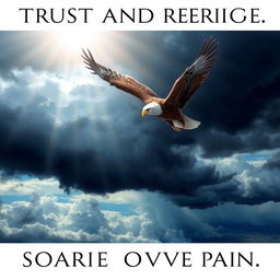 A powerful and uplifting scene depicting an eagle soaring majestically above a stormy landscape, symbolizing trust and resilience