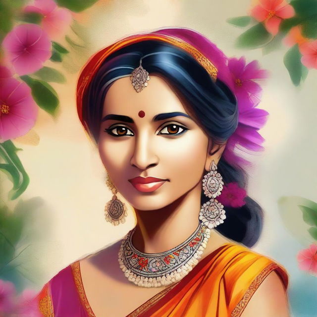 A high-quality digital art of a traditional Indian woman, elegantly dressed in a vibrant sari, her hair adorned with flowers