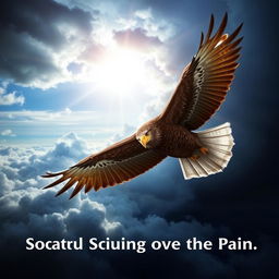A powerful and uplifting scene depicting an eagle soaring majestically above a stormy landscape, symbolizing trust and resilience