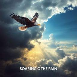 A powerful and uplifting scene depicting an eagle soaring majestically above a stormy landscape, symbolizing trust and resilience